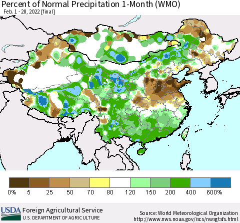 China, Mongolia and Taiwan Percent of Normal Precipitation 1-Month (WMO) Thematic Map For 2/1/2022 - 2/28/2022