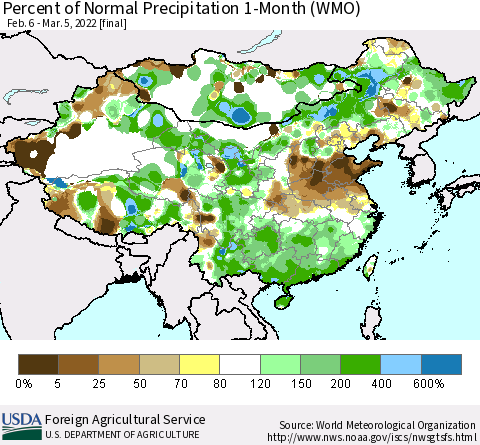 China, Mongolia and Taiwan Percent of Normal Precipitation 1-Month (WMO) Thematic Map For 2/6/2022 - 3/5/2022
