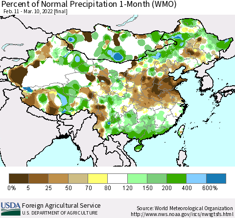 China, Mongolia and Taiwan Percent of Normal Precipitation 1-Month (WMO) Thematic Map For 2/11/2022 - 3/10/2022