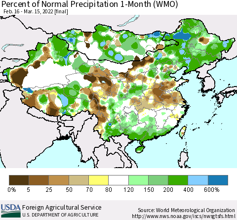 China, Mongolia and Taiwan Percent of Normal Precipitation 1-Month (WMO) Thematic Map For 2/16/2022 - 3/15/2022