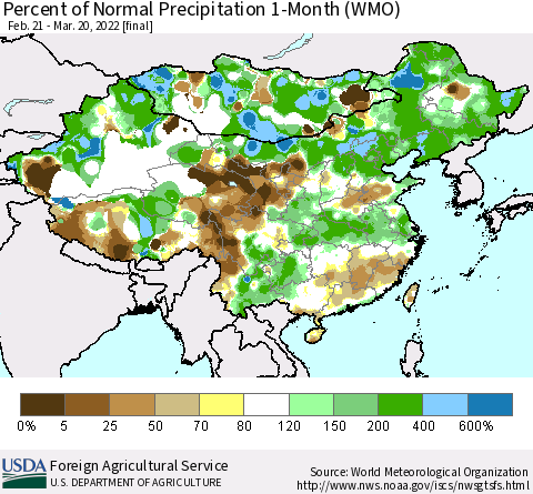 China, Mongolia and Taiwan Percent of Normal Precipitation 1-Month (WMO) Thematic Map For 2/21/2022 - 3/20/2022