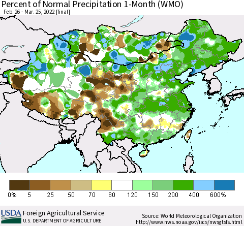 China, Mongolia and Taiwan Percent of Normal Precipitation 1-Month (WMO) Thematic Map For 2/26/2022 - 3/25/2022