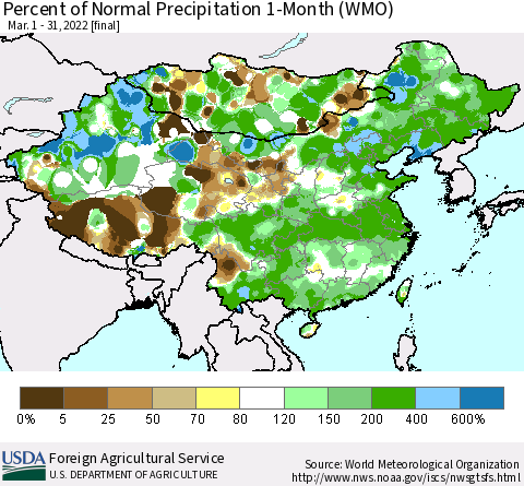 China, Mongolia and Taiwan Percent of Normal Precipitation 1-Month (WMO) Thematic Map For 3/1/2022 - 3/31/2022
