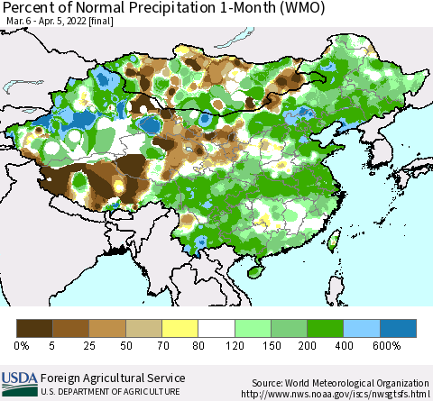 China, Mongolia and Taiwan Percent of Normal Precipitation 1-Month (WMO) Thematic Map For 3/6/2022 - 4/5/2022