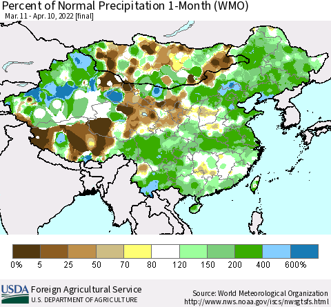 China, Mongolia and Taiwan Percent of Normal Precipitation 1-Month (WMO) Thematic Map For 3/11/2022 - 4/10/2022