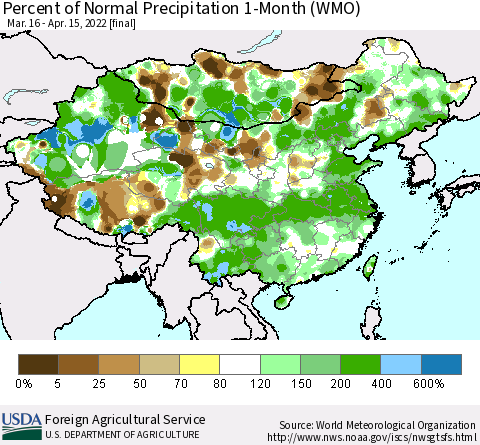 China, Mongolia and Taiwan Percent of Normal Precipitation 1-Month (WMO) Thematic Map For 3/16/2022 - 4/15/2022