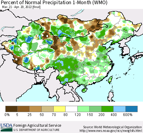 China, Mongolia and Taiwan Percent of Normal Precipitation 1-Month (WMO) Thematic Map For 3/21/2022 - 4/20/2022