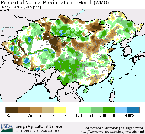 China, Mongolia and Taiwan Percent of Normal Precipitation 1-Month (WMO) Thematic Map For 3/26/2022 - 4/25/2022