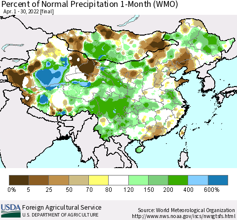 China, Mongolia and Taiwan Percent of Normal Precipitation 1-Month (WMO) Thematic Map For 4/1/2022 - 4/30/2022