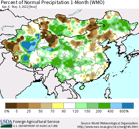 China, Mongolia and Taiwan Percent of Normal Precipitation 1-Month (WMO) Thematic Map For 4/6/2022 - 5/5/2022