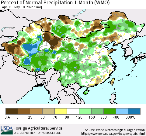 China, Mongolia and Taiwan Percent of Normal Precipitation 1-Month (WMO) Thematic Map For 4/11/2022 - 5/10/2022