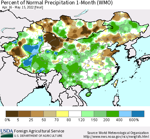 China, Mongolia and Taiwan Percent of Normal Precipitation 1-Month (WMO) Thematic Map For 4/16/2022 - 5/15/2022