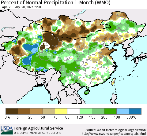 China, Mongolia and Taiwan Percent of Normal Precipitation 1-Month (WMO) Thematic Map For 4/21/2022 - 5/20/2022