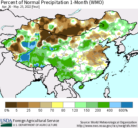China, Mongolia and Taiwan Percent of Normal Precipitation 1-Month (WMO) Thematic Map For 4/26/2022 - 5/25/2022