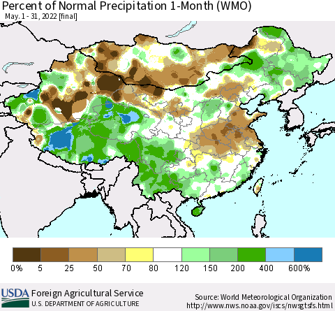 China, Mongolia and Taiwan Percent of Normal Precipitation 1-Month (WMO) Thematic Map For 5/1/2022 - 5/31/2022