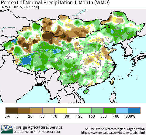 China, Mongolia and Taiwan Percent of Normal Precipitation 1-Month (WMO) Thematic Map For 5/6/2022 - 6/5/2022