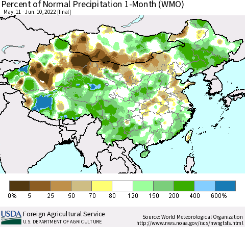 China, Mongolia and Taiwan Percent of Normal Precipitation 1-Month (WMO) Thematic Map For 5/11/2022 - 6/10/2022