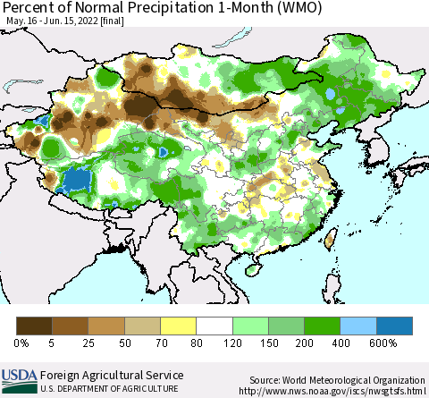 China, Mongolia and Taiwan Percent of Normal Precipitation 1-Month (WMO) Thematic Map For 5/16/2022 - 6/15/2022