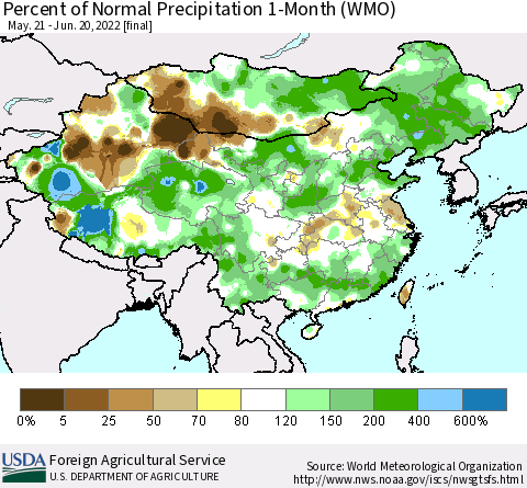 China, Mongolia and Taiwan Percent of Normal Precipitation 1-Month (WMO) Thematic Map For 5/21/2022 - 6/20/2022