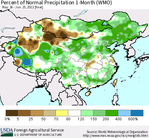 China, Mongolia and Taiwan Percent of Normal Precipitation 1-Month (WMO) Thematic Map For 5/26/2022 - 6/25/2022