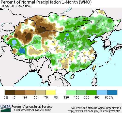 China, Mongolia and Taiwan Percent of Normal Precipitation 1-Month (WMO) Thematic Map For 6/6/2022 - 7/5/2022