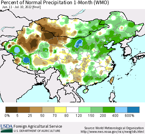 China, Mongolia and Taiwan Percent of Normal Precipitation 1-Month (WMO) Thematic Map For 6/11/2022 - 7/10/2022