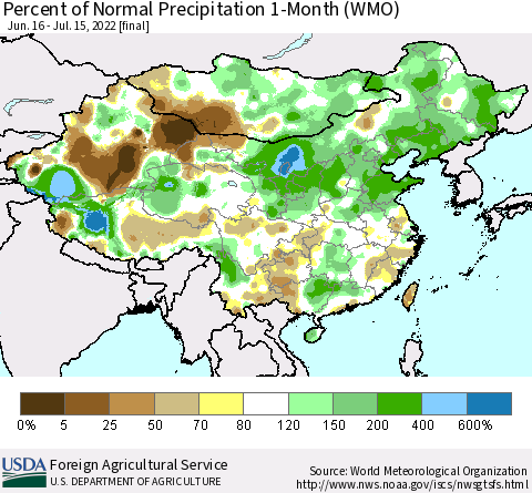 China, Mongolia and Taiwan Percent of Normal Precipitation 1-Month (WMO) Thematic Map For 6/16/2022 - 7/15/2022
