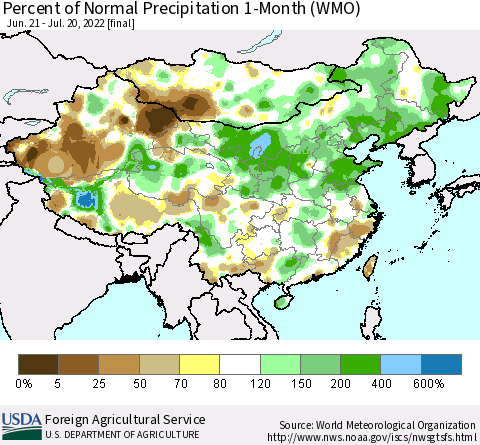 China, Mongolia and Taiwan Percent of Normal Precipitation 1-Month (WMO) Thematic Map For 6/21/2022 - 7/20/2022