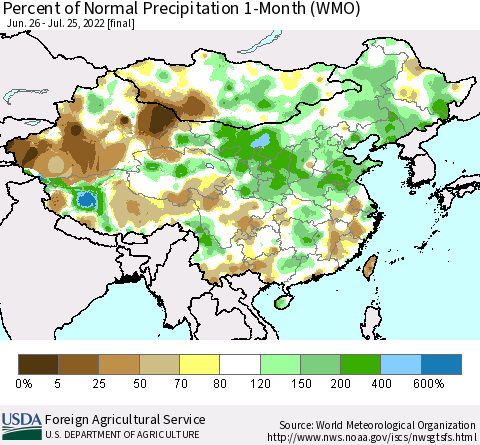 China, Mongolia and Taiwan Percent of Normal Precipitation 1-Month (WMO) Thematic Map For 6/26/2022 - 7/25/2022
