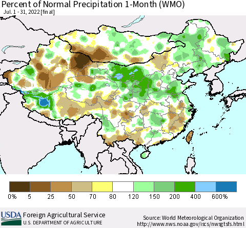 China, Mongolia and Taiwan Percent of Normal Precipitation 1-Month (WMO) Thematic Map For 7/1/2022 - 7/31/2022