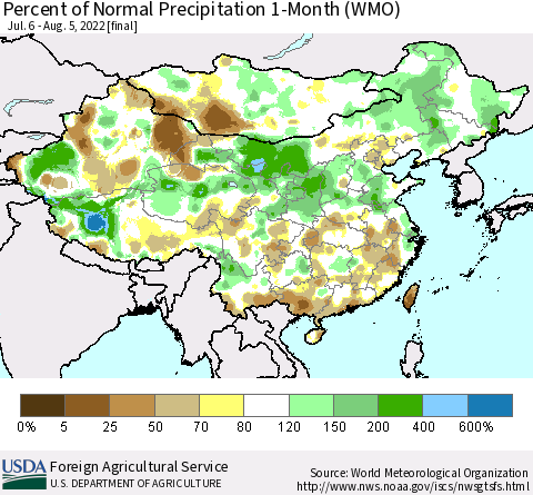 China, Mongolia and Taiwan Percent of Normal Precipitation 1-Month (WMO) Thematic Map For 7/6/2022 - 8/5/2022