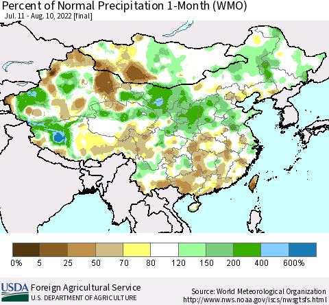 China, Mongolia and Taiwan Percent of Normal Precipitation 1-Month (WMO) Thematic Map For 7/11/2022 - 8/10/2022