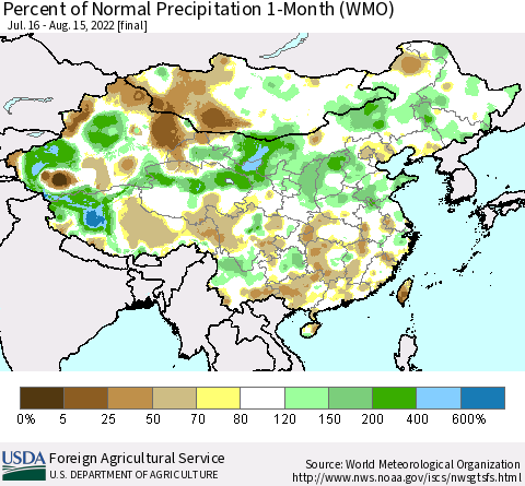 China, Mongolia and Taiwan Percent of Normal Precipitation 1-Month (WMO) Thematic Map For 7/16/2022 - 8/15/2022