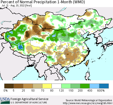 China, Mongolia and Taiwan Percent of Normal Precipitation 1-Month (WMO) Thematic Map For 7/21/2022 - 8/20/2022