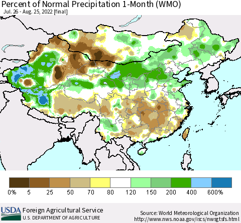 China, Mongolia and Taiwan Percent of Normal Precipitation 1-Month (WMO) Thematic Map For 7/26/2022 - 8/25/2022