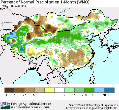 China, Mongolia and Taiwan Percent of Normal Precipitation 1-Month (WMO) Thematic Map For 8/1/2022 - 8/31/2022