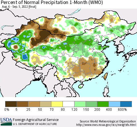 China, Mongolia and Taiwan Percent of Normal Precipitation 1-Month (WMO) Thematic Map For 8/6/2022 - 9/5/2022