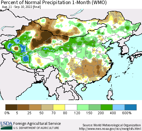 China, Mongolia and Taiwan Percent of Normal Precipitation 1-Month (WMO) Thematic Map For 8/11/2022 - 9/10/2022