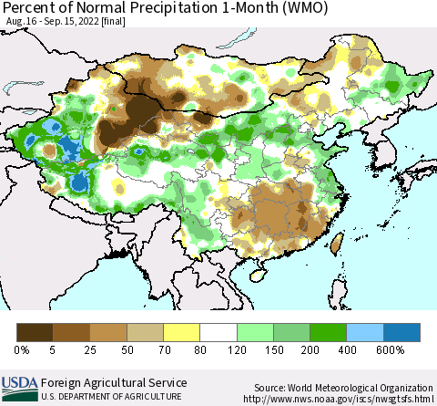China, Mongolia and Taiwan Percent of Normal Precipitation 1-Month (WMO) Thematic Map For 8/16/2022 - 9/15/2022