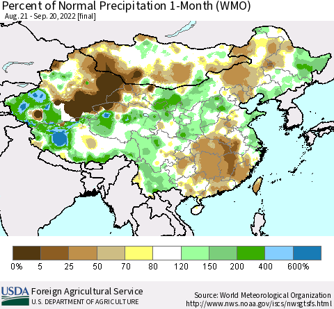 China, Mongolia and Taiwan Percent of Normal Precipitation 1-Month (WMO) Thematic Map For 8/21/2022 - 9/20/2022
