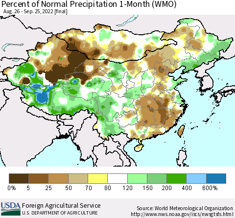 China, Mongolia and Taiwan Percent of Normal Precipitation 1-Month (WMO) Thematic Map For 8/26/2022 - 9/25/2022