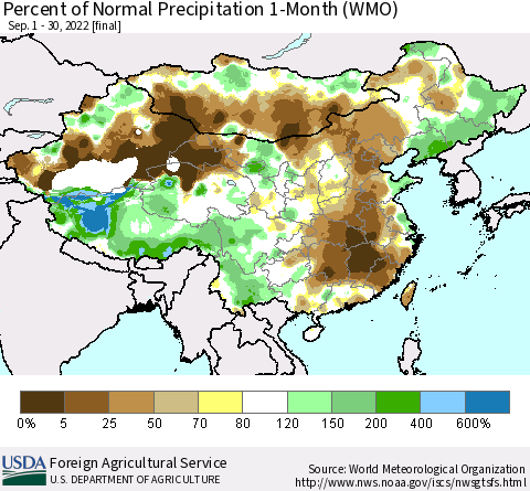 China, Mongolia and Taiwan Percent of Normal Precipitation 1-Month (WMO) Thematic Map For 9/1/2022 - 9/30/2022