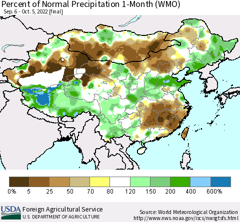 China, Mongolia and Taiwan Percent of Normal Precipitation 1-Month (WMO) Thematic Map For 9/6/2022 - 10/5/2022