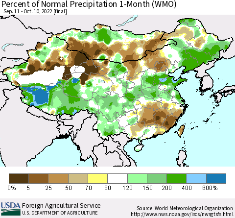 China, Mongolia and Taiwan Percent of Normal Precipitation 1-Month (WMO) Thematic Map For 9/11/2022 - 10/10/2022
