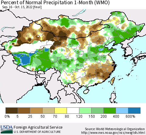 China, Mongolia and Taiwan Percent of Normal Precipitation 1-Month (WMO) Thematic Map For 9/16/2022 - 10/15/2022