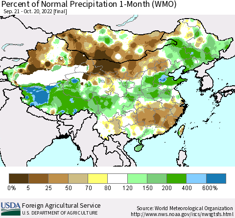 China, Mongolia and Taiwan Percent of Normal Precipitation 1-Month (WMO) Thematic Map For 9/21/2022 - 10/20/2022