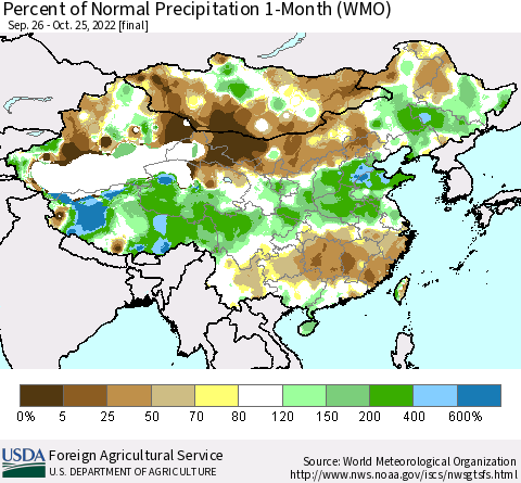 China, Mongolia and Taiwan Percent of Normal Precipitation 1-Month (WMO) Thematic Map For 9/26/2022 - 10/25/2022