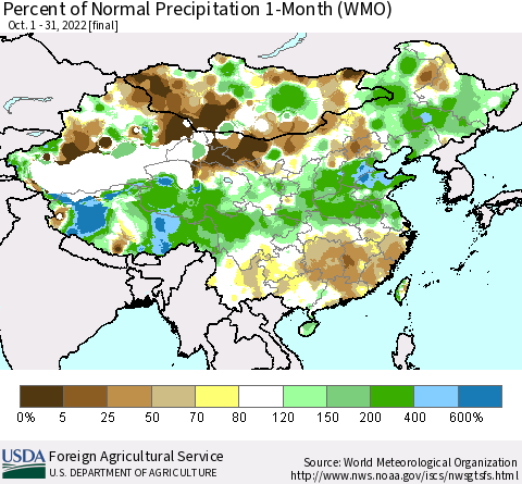 China, Mongolia and Taiwan Percent of Normal Precipitation 1-Month (WMO) Thematic Map For 10/1/2022 - 10/31/2022