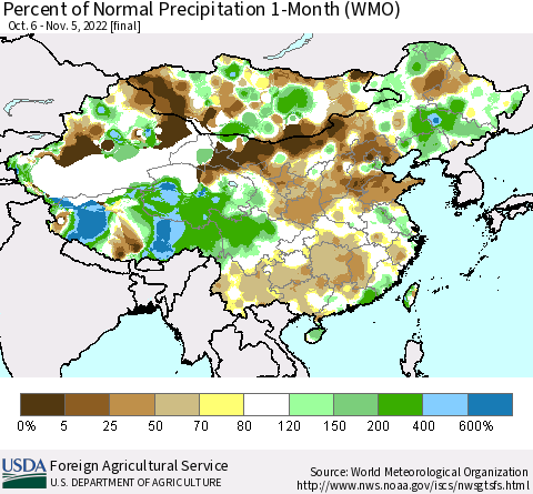 China, Mongolia and Taiwan Percent of Normal Precipitation 1-Month (WMO) Thematic Map For 10/6/2022 - 11/5/2022