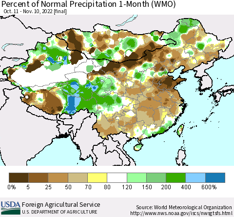China, Mongolia and Taiwan Percent of Normal Precipitation 1-Month (WMO) Thematic Map For 10/11/2022 - 11/10/2022